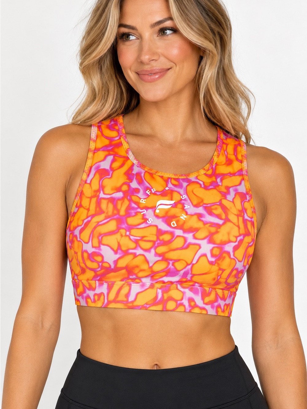 Fabletics Pink and Orange Abstract High-Neck Sports Bra